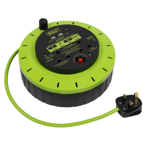 Sealey BCR10G 10m Cassette Type Cable Reel Green with Thermal Trip 2 x 230V and 2 x USB