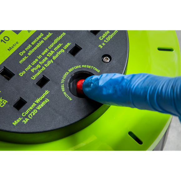 Sealey BCR10G 10m Cassette Type Cable Reel Green with Thermal Trip 2 x 230V and 2 x USB