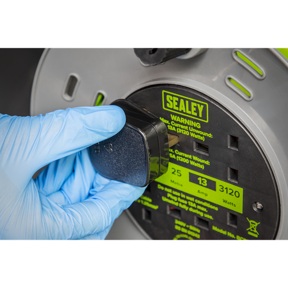 Sealey BCR25G 25m Cable Reel with Thermal Trip 4 x 230V - Hi-Vis Green