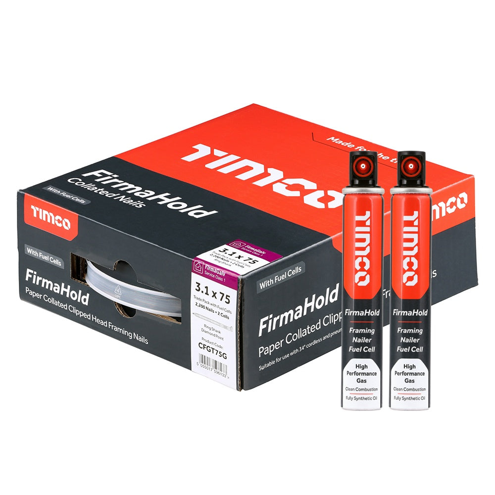 FirmaHold 75mm Galv Ring Shank Collated Clipped Head Nails With 2 Fuel Cells Pack of 2200 CFGT75G