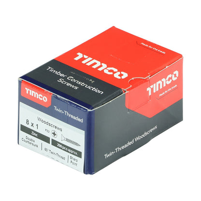 Timco 8 x 1" Twin Threaded Woodscrews Countsunk Head Zinc (200/Box) 00081CWZ