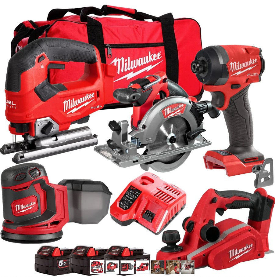 Milwaukee M18 PP5C-503B 18V FUEL Woodworking 5 Piece Kit with 3 x 5.0Ah Batteries & Charger 4933480469