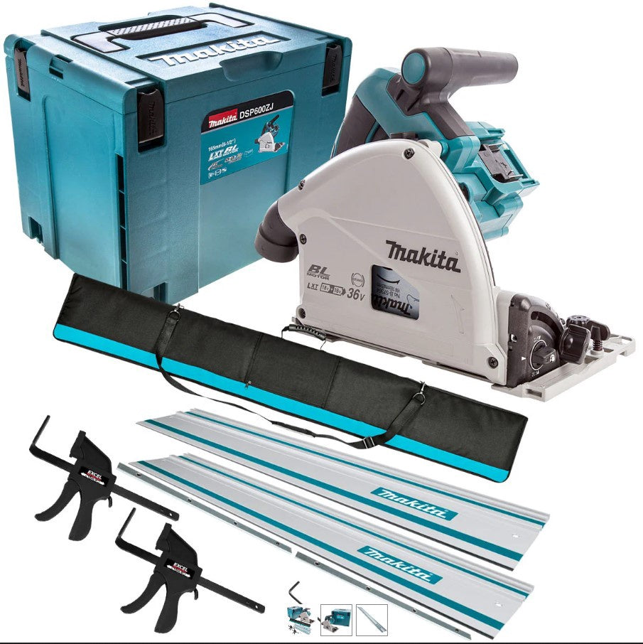 Makita DSP600ZJ 36V Brushless Plunge Saw + 2 x Guide Rail, Connector & Clamp Set