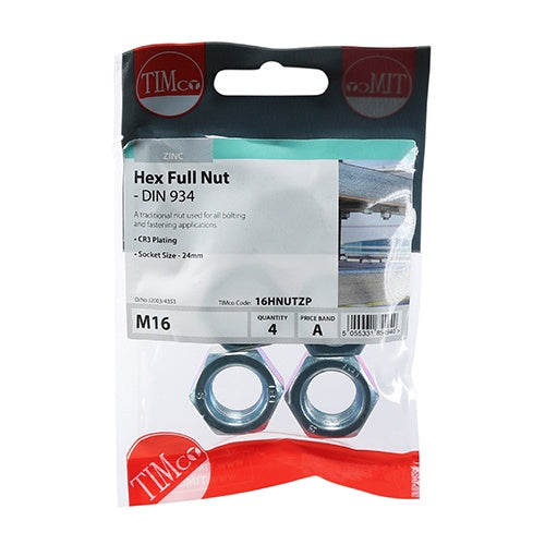 Timco Hexagonal Full Nut (DIN 934) Zinc M16 (4/TimBag) 16HNUTZP