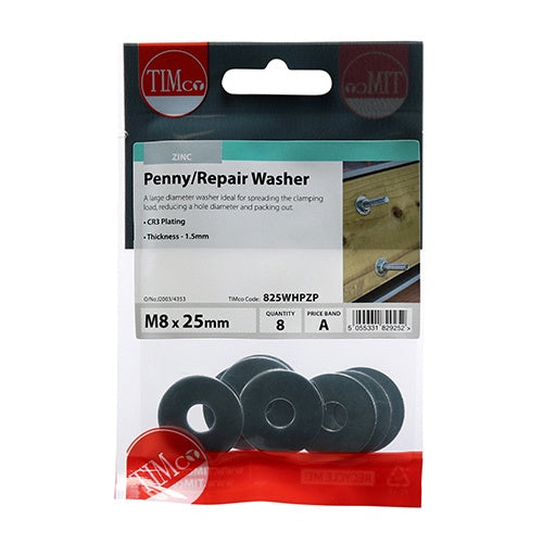 Timco M8 x 25 Penny / Repair Washer BZP (8/Timpac) Zinc 825WHPZP
