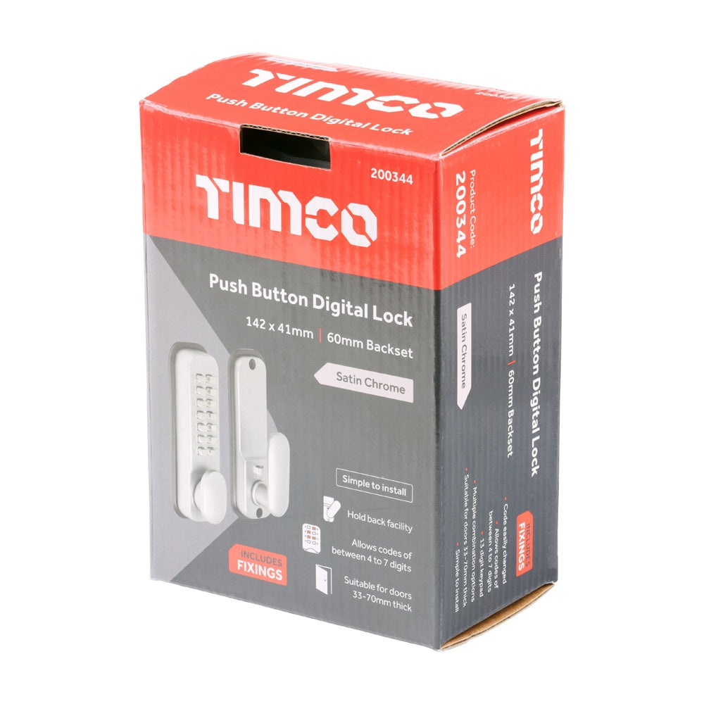 Timco 142 x 41mm Push Button Digital Lock Satin Chrome Hold Back Facility 200344