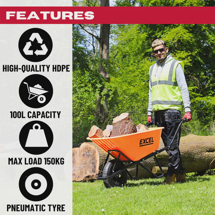 Excel Heavy Duty 100L Wheelbarrow HDPE Plastic Tray Extra Puncture Proof Wheel
