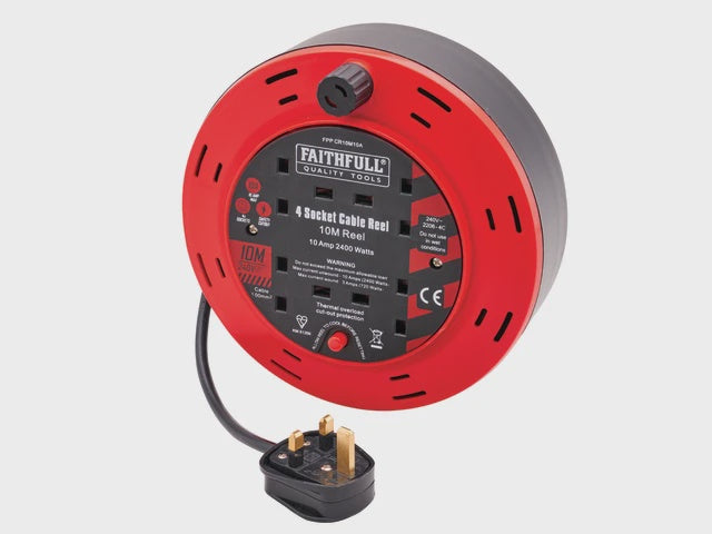Faithfull 10m Cable Compact Cassette Reel 240V 10A 4-Socket XMS25CR10M