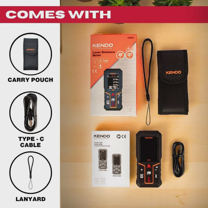 Kendo 40m Laser Distance Meter with Rechargeable Battery & LCD Display