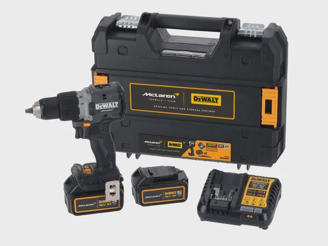 DeWalt DCD85MP2T McLaren F1 18V XR Cordless Brushless Combi Hammer Drill With 2 x 5AH Batteries, Charger & Case