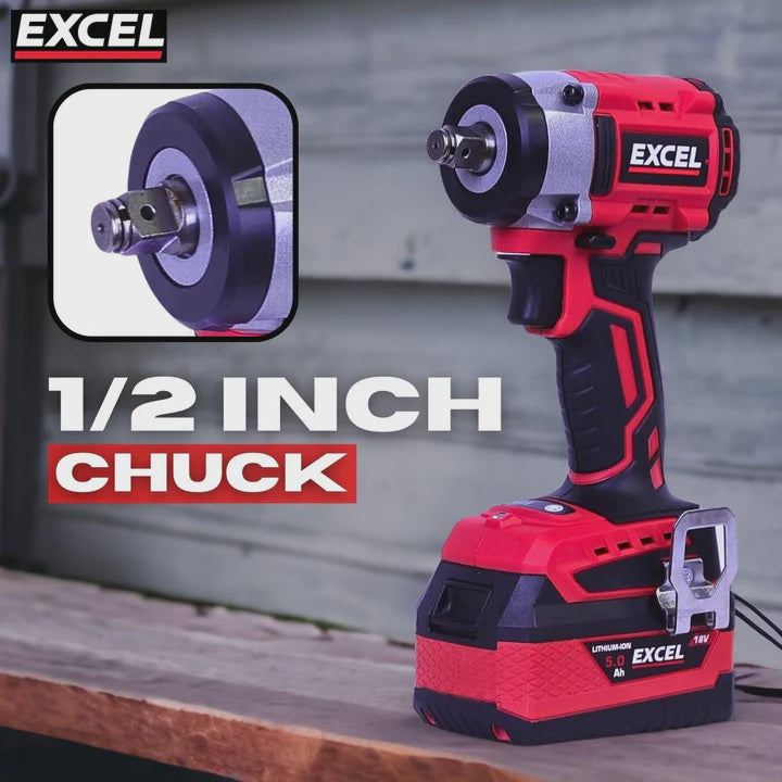 Excel 18V Cordless Brushless 1/2'' Impact Wrench with 2 x 2.0Ah Battery & Charger