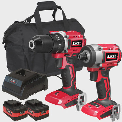 Excel 18V Brushless Twin Pack Impact Driver & Combi Drill with 2 x 5.0Ah Battery Charger