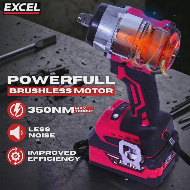 Excel 18V Cordless Brushless 1/2'' Impact Wrench with 1 x 5.0Ah Battery Charger & Bag