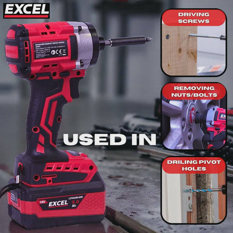 Excel 18V Cordless Brushless Impact Driver with 1 x 5.0Ah Battery Charger & Bag