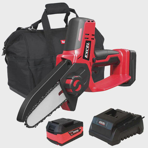 Excel 18V Cordless Mini Chain Saw with 1 x 5.0Ah Battery Charger & Bag