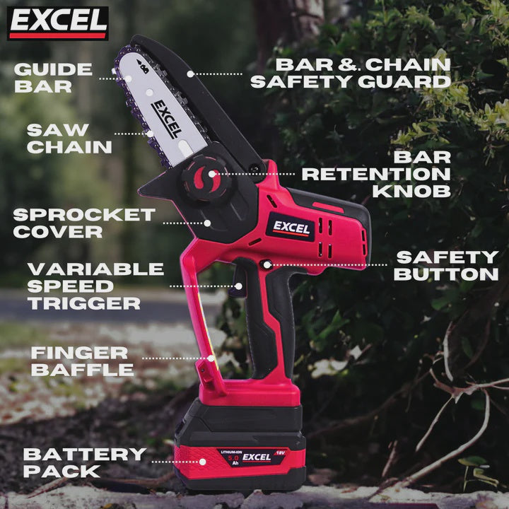 Excel 18V Cordless Mini Chain Saw with 1 x 5.0Ah Battery Charger & Bag