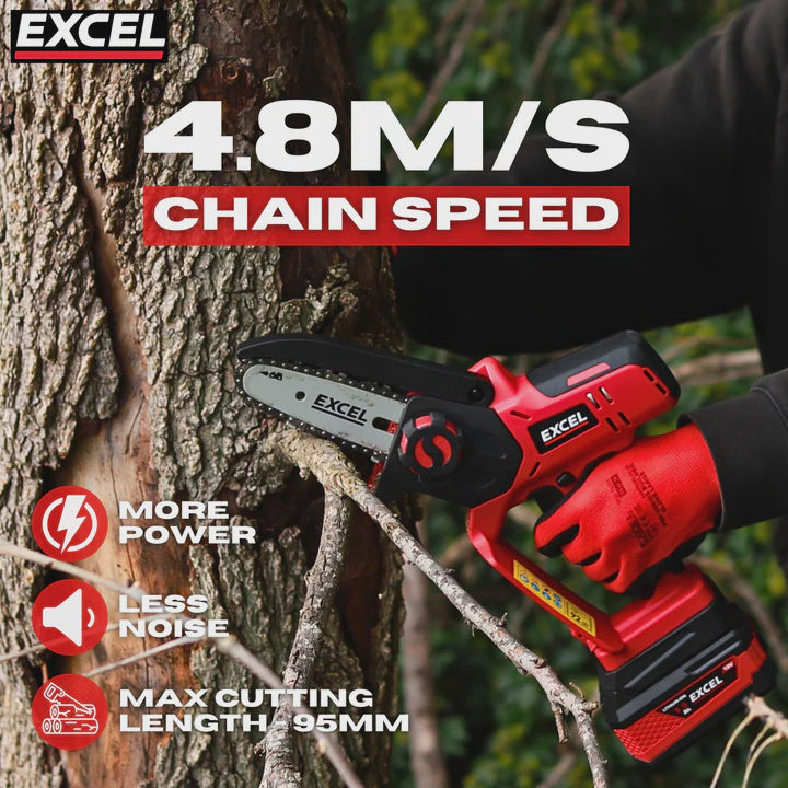 Excel 18V Cordless Mini Chain Saw with 1 x 5.0Ah Battery Charger & Bag