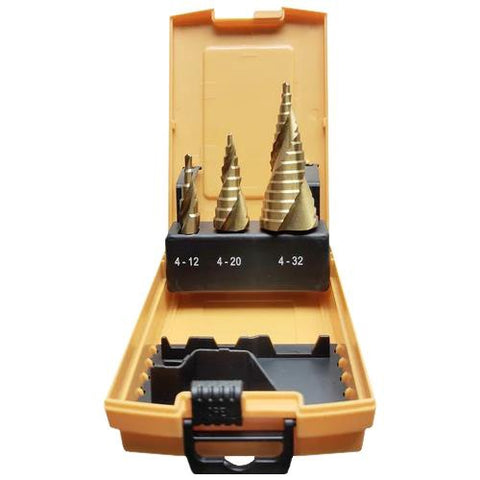 Bessey RLSTEPDRILL Right lines 3 Pcs HSS Step Drill Titanium Coated 1/4'' Shank Spiral Flute 4-32mm