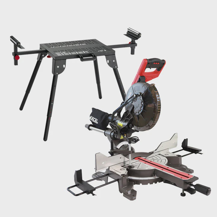Excel Sliding Mitre Saw Double Bevel 255mm 240V/2000W & Laser with Universal Stand