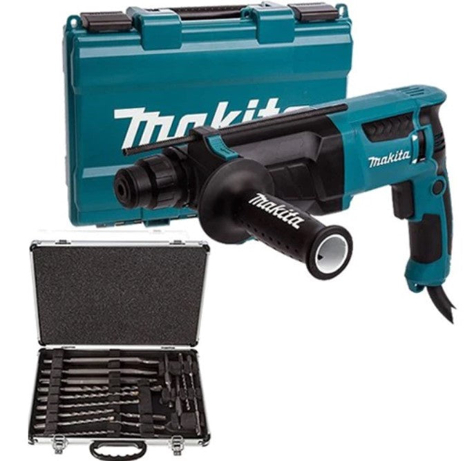 Makita HR2630 240V Hammer Drill With D-21200 17 Piece Drill Bit Set
