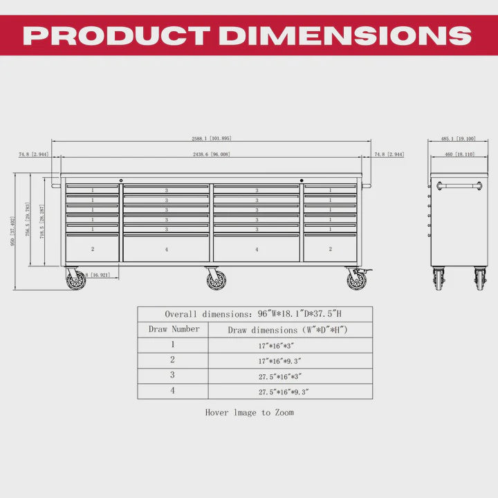 Excel 96" 24 Drawer Stainless Steel Tool Chest Heavy Duty Storage Cabinet