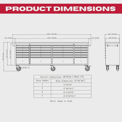 Excel 96" 24 Drawer Stainless Steel Tool Chest Heavy Duty Storage Cabinet