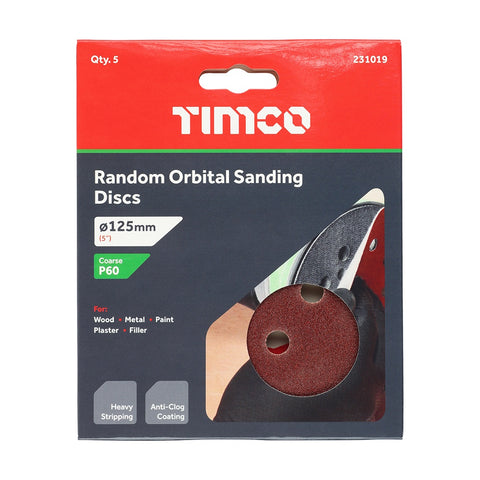 Timco 125mm Random Orbital Sanding Discs 60 Grit Red 231019
