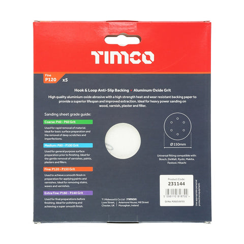 Timco 150mm Random Orbital Sanding Discs 120 Grit Red 231144