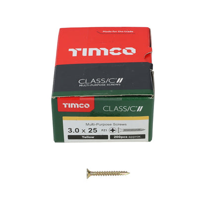Timco 3.0 x 25mm Classic Multi-Purpose Screws Countsunk Head Yellow (100/Box) 30025CLAF