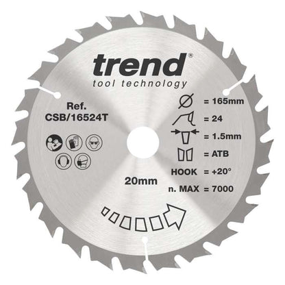 Trend Wood Cordless Circular Saw Blade 165mm x 20mm x 24T CSB/16524T