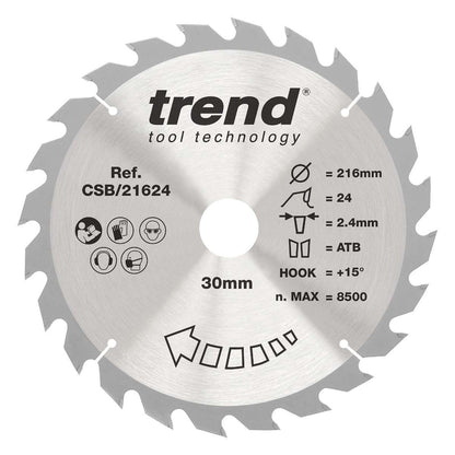 Trend Wood Circular Ripping Table Saw Blade 216mm x 30mm x 24T CSB/21624