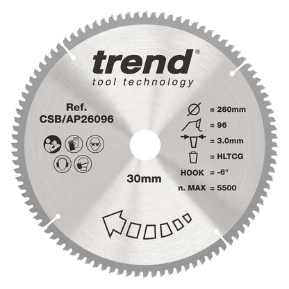Trend Craft Aluminium and Plastic Circular Saw Blade 260mm x 30mm x 96T CSB/AP26096