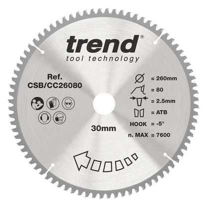Trend Wood Mitre Craft Crosscut Saw Blade 260mm x 30mm x 80T CSB/CC26080