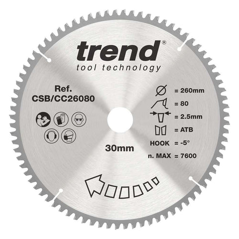 Trend Wood Mitre Craft Crosscut Saw Blade 260mm x 30mm x 80T CSB/CC26080
