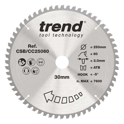 Trend Wood Crosscut Mitre Saw Blade 250mm x 30mm x 60T CSB/CC25060