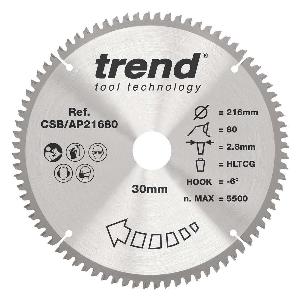 Trend Craft Aluminium and PlasticCircular Saw Blade 216mm x 30mm x 80T CSB/AP21680
