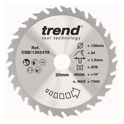 Trend Craft Thin Kerf Saw Blade 136mm Dia. X 24 Teeth X 20mm Bore X 1.5mm Kerf CSB/13624TA