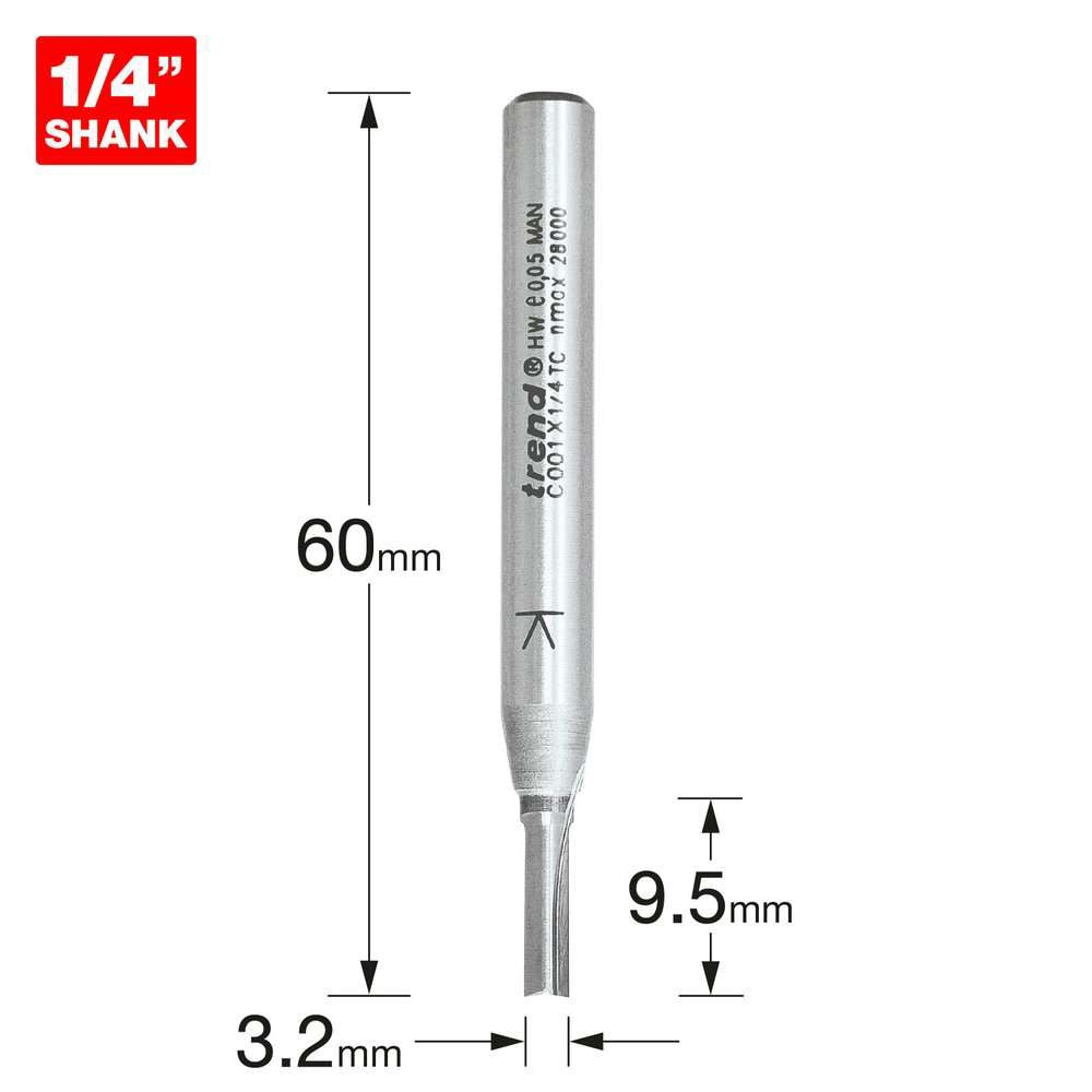 Trend Two Flute Straight Cutter 3.2mm Dia. x 9.5mm Cut C001X1/4TC