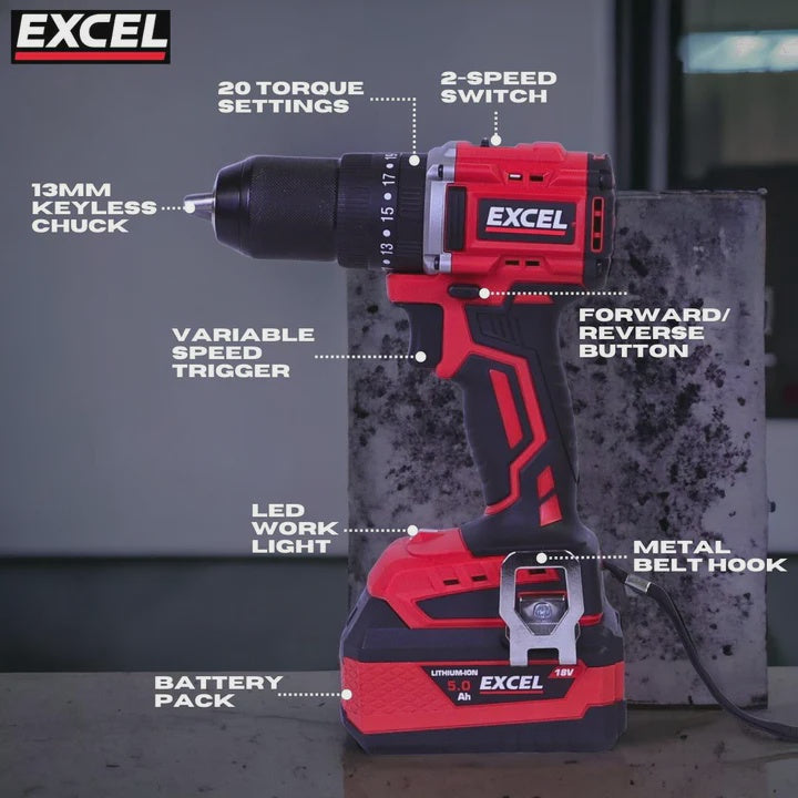 Excel 18V 4 Piece Power Tool Kit with 3 x 5.0Ah Batteries & Charger EXLKIT-16283