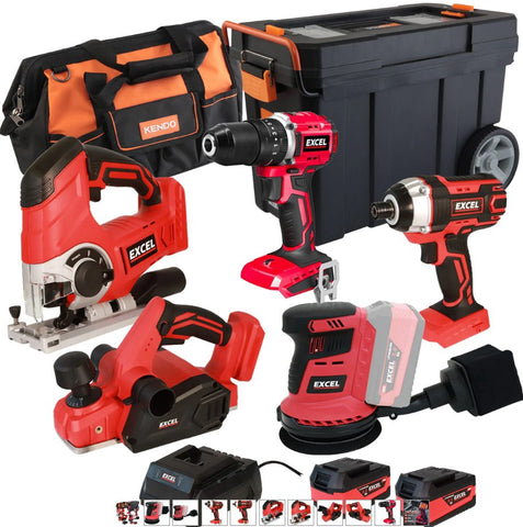 Excel 18V 5 Piece Tool Kit with 2 x 5.0Ah Battery Charger & Mobile Wheel Box EXLKIT-16063